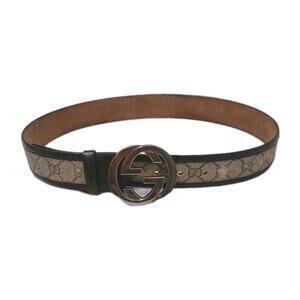 GUCCI Belt Small 38" Tan Monogram Brown Leather Silver GG Buckle Old Retro Glam